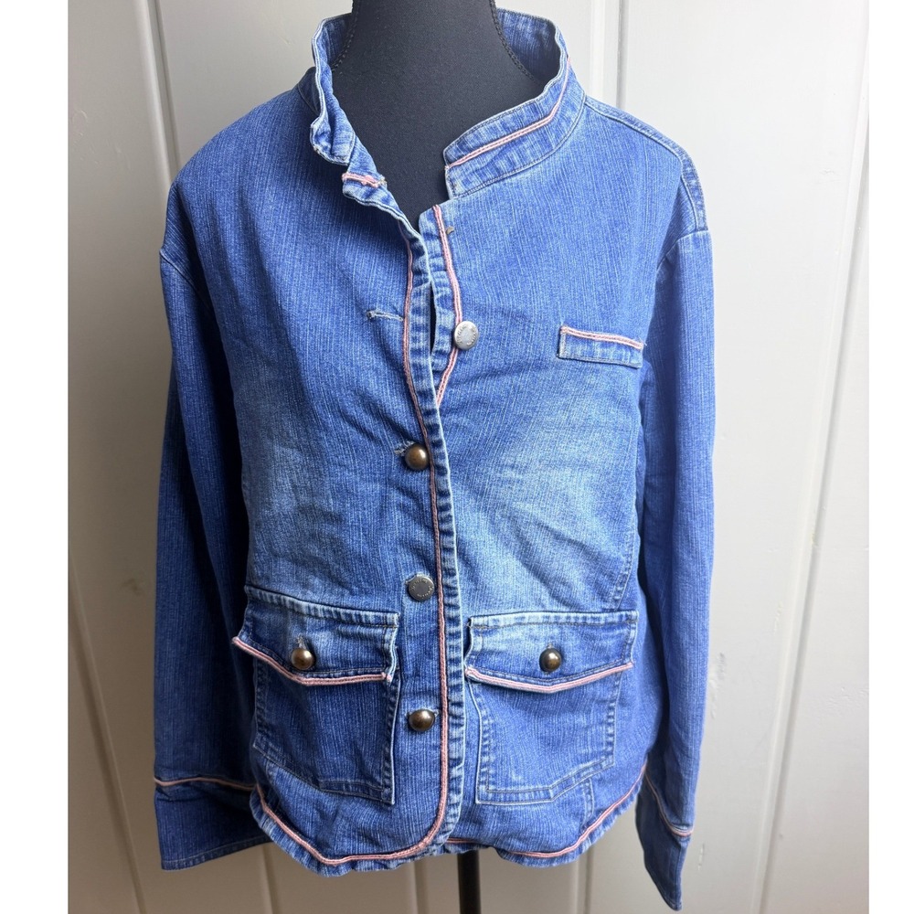 T Tradition Womens 2X Blue Denim Jacket Pink Piping Button Front Cotton Wash